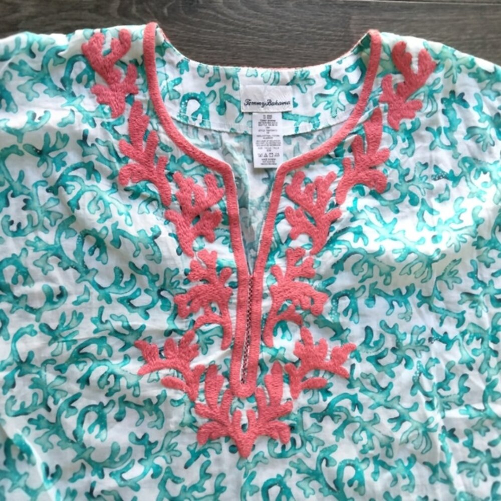 Tommy Bahama Coral Scrolls Cabana Embroidered Cotton Tunic Swim Cover Up Sz S/M - Picture 3 of 11